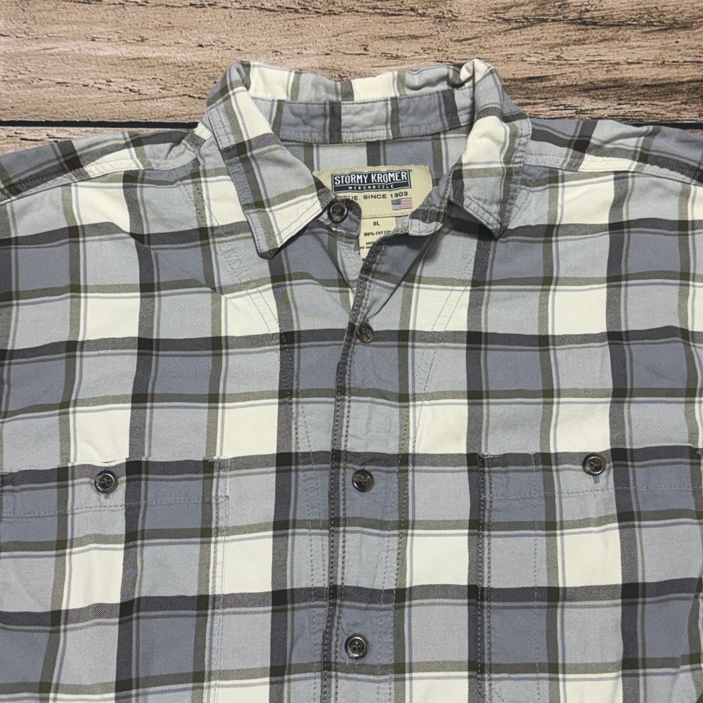 Stormy Kromer Plaid Button Up Shirt Mens XL Gray Long Sleeve Cotton Rugged